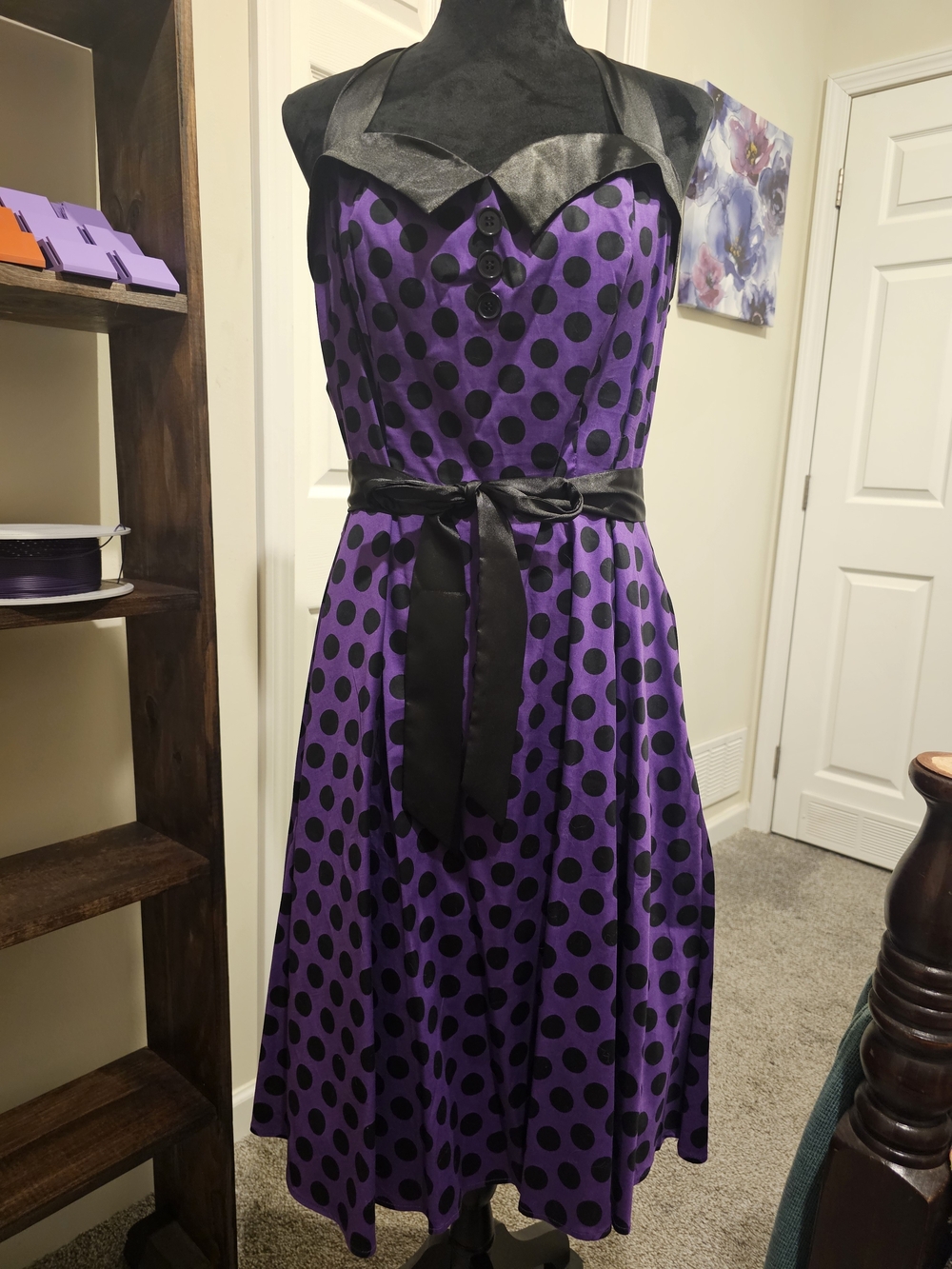 Purple Polka Dot Halter Maxi Dress with Black Accents